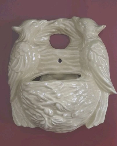 Vintage McCoy Yellow Pottery Wall Pocket w/Two Exotic Birds on Nest