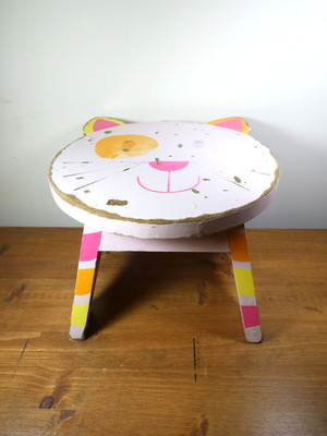 Cat Step Stool Wood Pink 7.5'' Tall 12'' Diameter Vtg Kid Children Kitten Folk Art