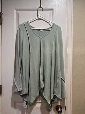 Three Bird Nest Sweater Womens Small Green Tunic Knit V Neck Lightweight Ribbed