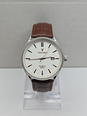 Mens Vincero Kairos 42MM Date Silver Watch Rose Gold Brown Leather New Battery