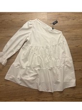 Boohoo Plus Size 22 White One Shoulder Tiered Smock Dress Open Sleeve NWT