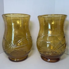 *2* Vintage MCM Amber Glass Vase Bubble Art Glass Retro 9” Tall Hand Blown Retro
