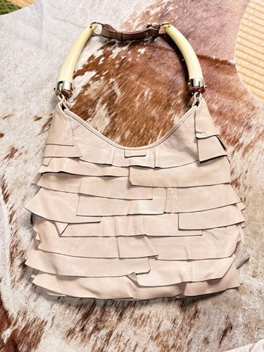 YSL Yves Saint Laurent Mombasa Pink Beige Leather Frilled Top Handle Bag Women