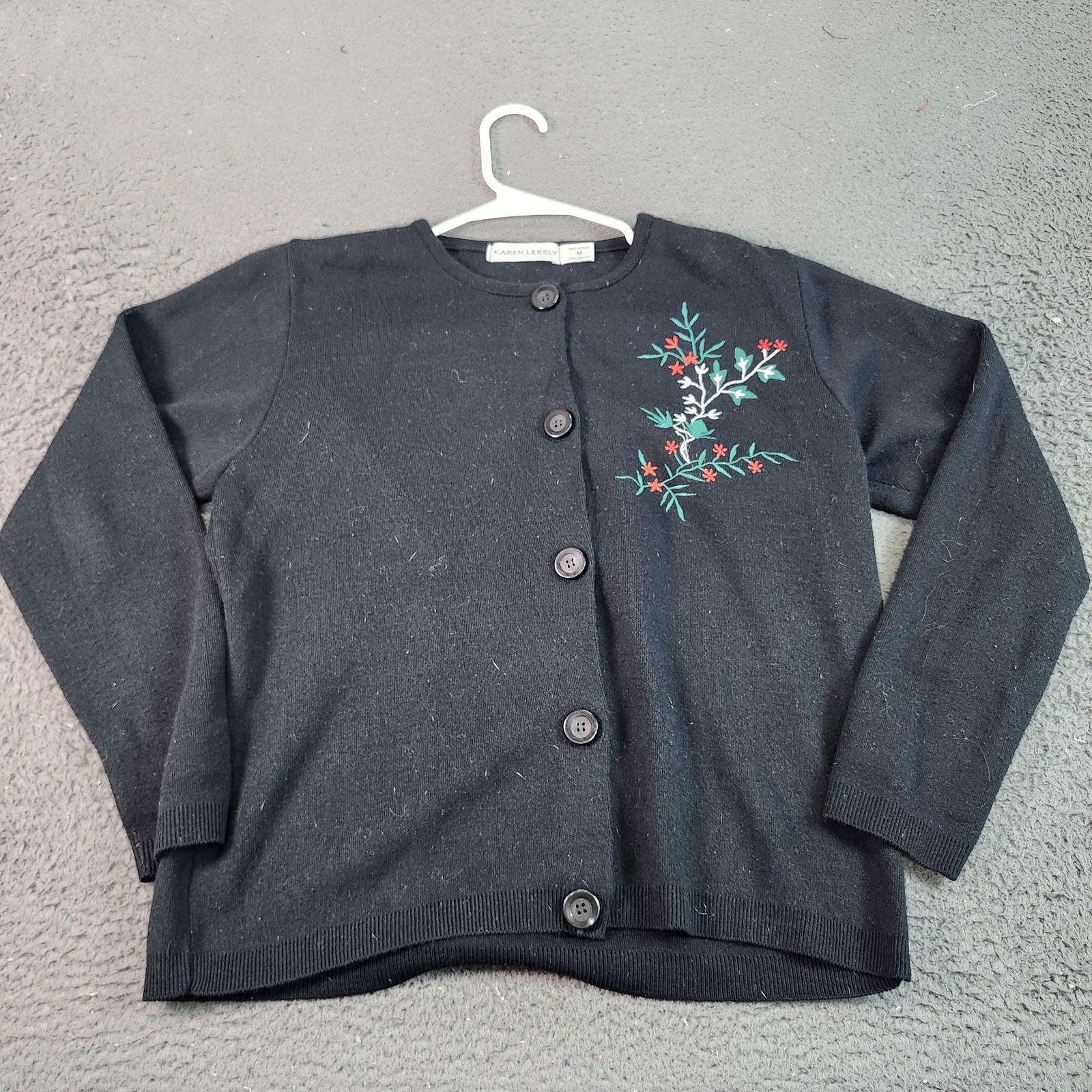 Karen Lessly Cardigan Sweater Womens Medium Black Floral Embroidered Knit Top