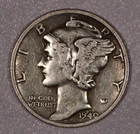 1940-S "Mercury" Silver One-Dime Coin, Extra Fine