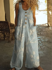 Women's Vintage Style Floral Jumpsuit Romper Sleeveless Pale Blue Medium New