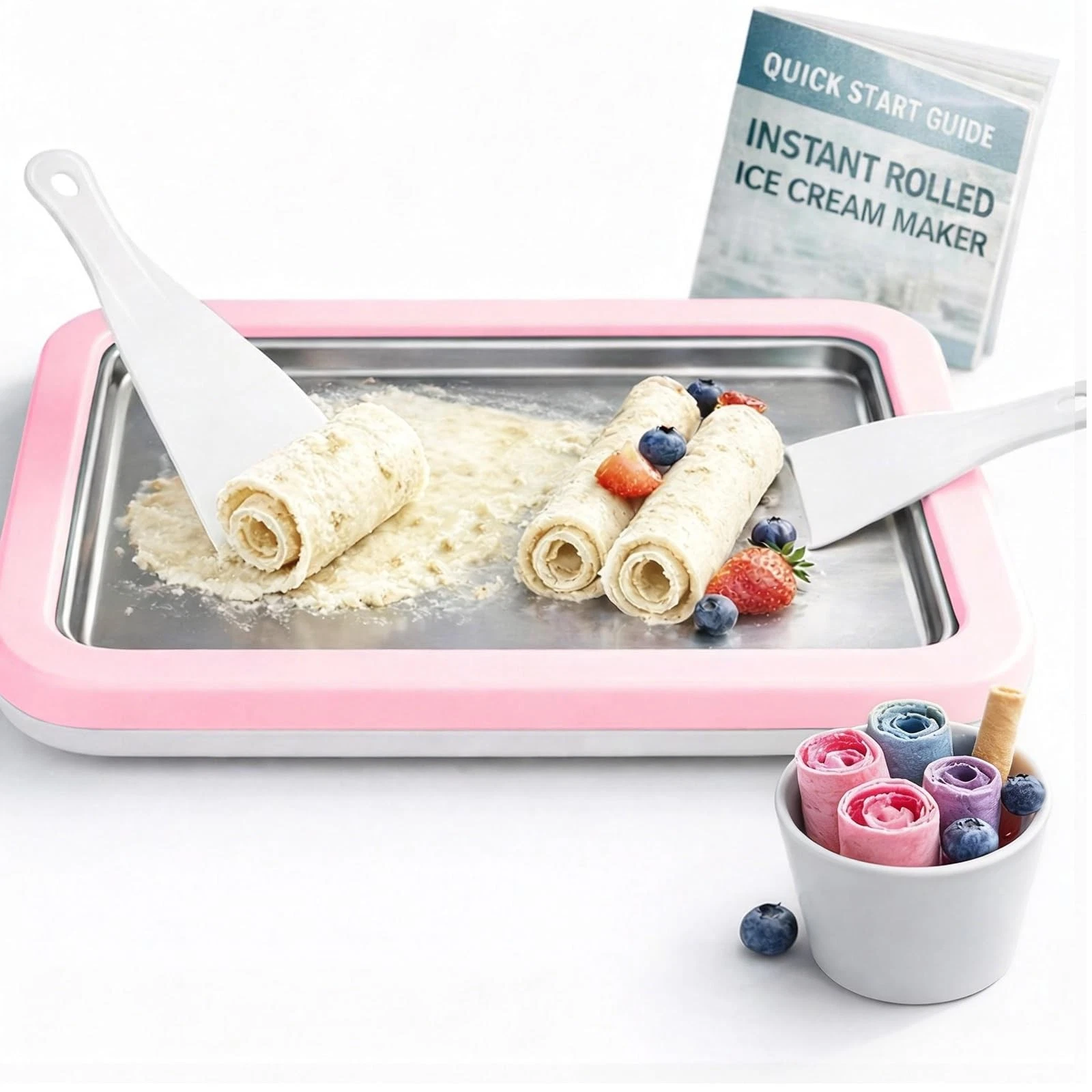 Rolled Ice Cream Maker with Quick Start Guide - DIY Instant Ice Cream Tray Ki...