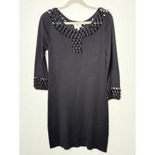 Milly Black Knit Dress Sz Small Silk Cotton Cashmere Crochet Neckline 3/4 Sleeve