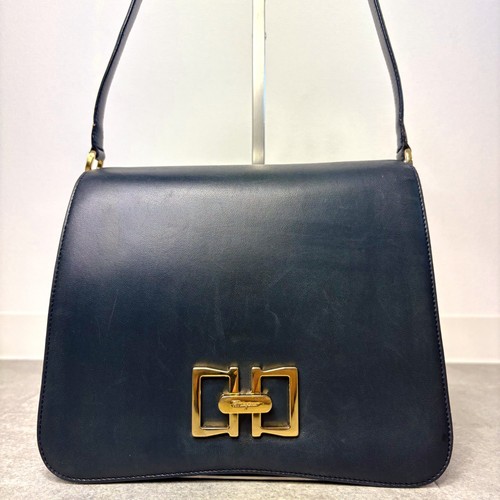 Salvatore Ferragamo Vintage Leather Shoulder Bag Black Gold Hardware Italy