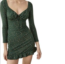 REFORMATION ANJELINE CORIANDER GREEN FLORAL LONG SLEEVE MINI DRESS XS