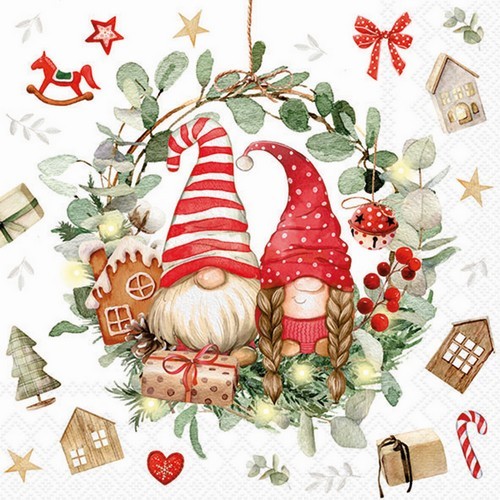 20 Servietten Gnomes In Wreath Gnome Wichtel Lebkuchen Kranz Weihnachten 33X33Cm-image