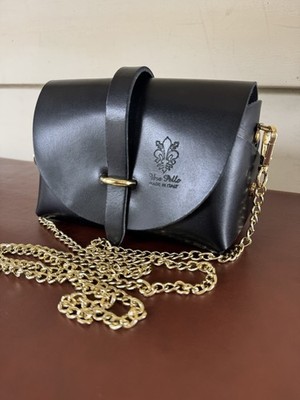 Vera Pelle Black Leather Saddle Crossbody Bag Gold Chain Made in Italy