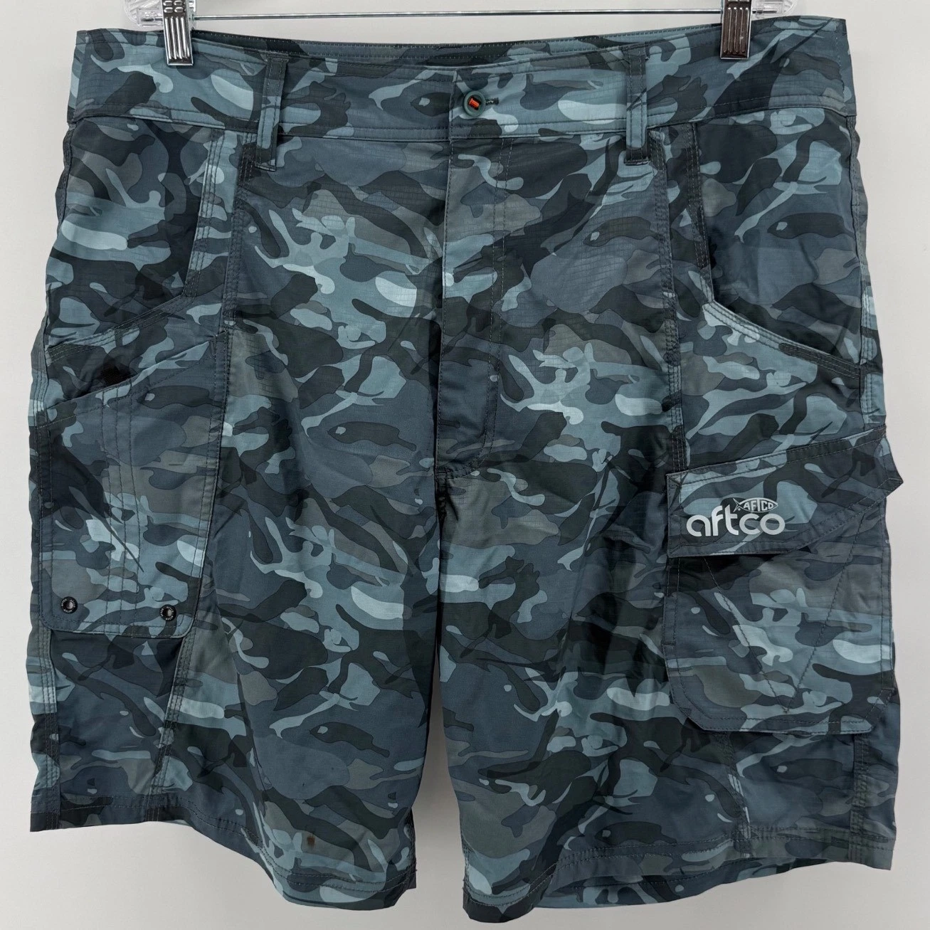 AFTCO Mens Blue Camo Fishing Cargo Shorts Size 38 Ripstop Tactical Plier Pocket