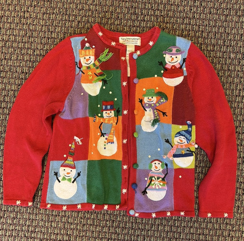 Vintage Ugly Christmas Sweater Cardigan Snowmen Festive Fun Winter Holiday L
