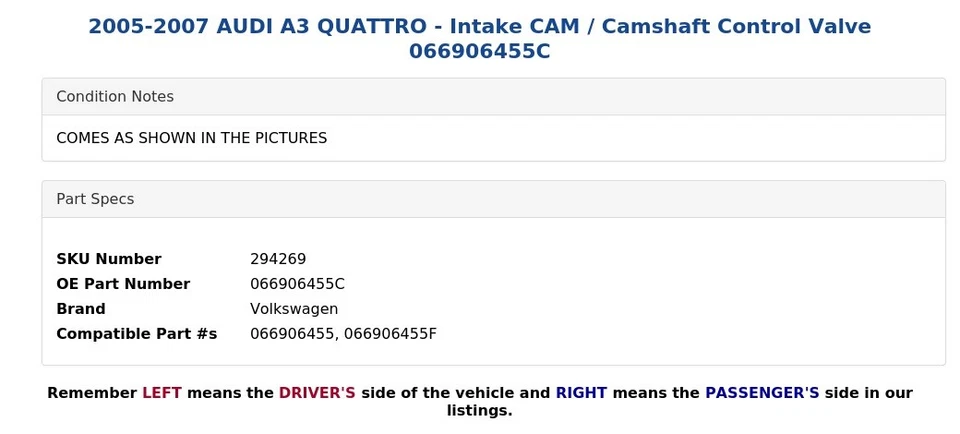 AUDI A3 QUATTRO 2005-2007 - Válvula de control de levas/cámara de admisión 066906455C Foto 3 de 4