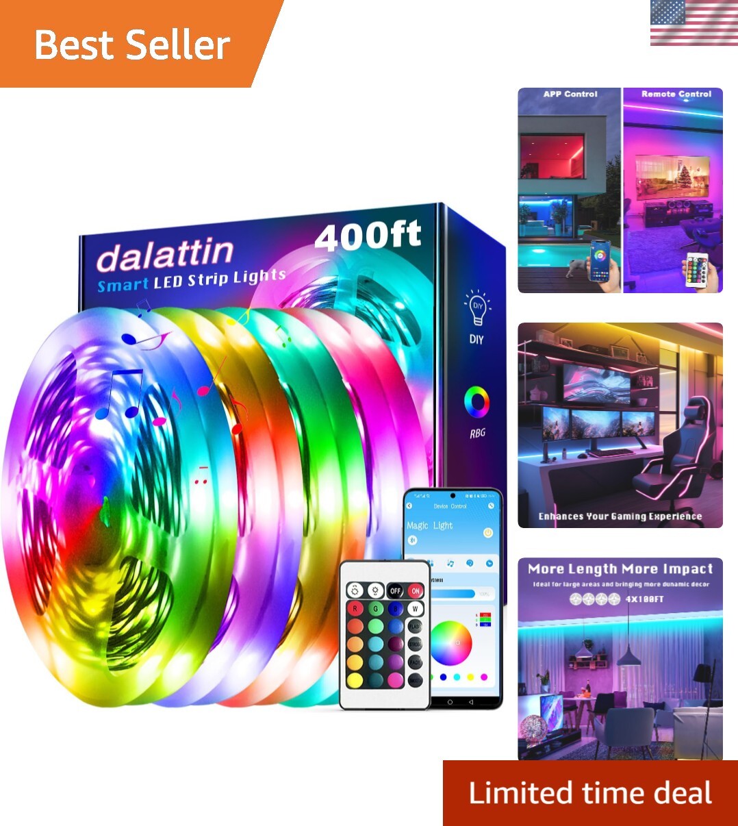 400ft RGB LED Strip Lights with Music Sync App and IR Remote for Indoor Party Decor-image