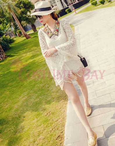 Vintage Sexy Hippie Boho Bell Sleeves Gypsy Floral Fringe Lace Crochet MiniDress - Picture 5 of 7
