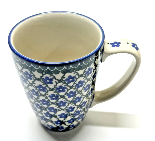 Ceramica polacca fatta a mano in Polonia, tazza da tè caffè, graziosi fiori blu 5 petali - Foto 15 di 15