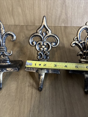 Fleur de Lis Christmas Stocking Holders Metal Mantle Set of 3 Antique Finish - Picture 7 of 7