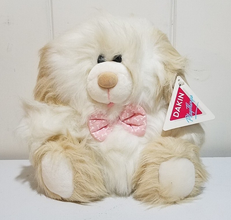 Vintage 1987-88 Dakin Stuffed Plush Toy Puppy Dog with Pink Bowtie