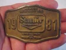 1981 STAUFFER CHIMICALS BELT BUCKLE - HEAVY - 3 1/4" X 2 1/4" - GW4