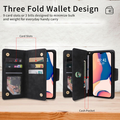 Zip Wallet Leather Flip Case For iPhone 16 15 14 Pro Max 13 12 11 XS XR 8 7 6 Se - Picture 3 of 17