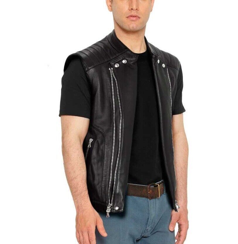 Vest Leather Lambskin Western Coat Waistcoat Men Jacket Classic Black Zipper-image