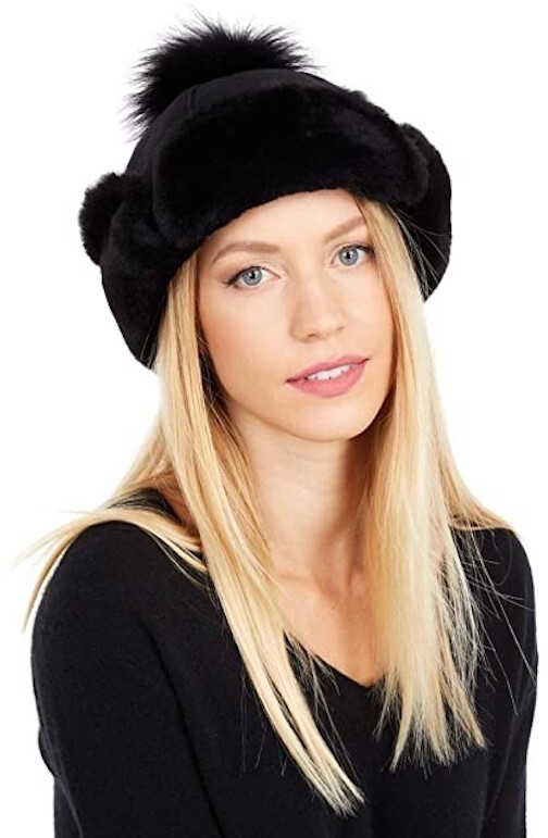UGG Hat Up Flap Shearling Pom Aviator Water Resistant Trapper New
