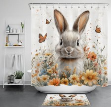Butterfly Plant Orange Flower Bunny Easter Shower Curtain Set for Bathroom Decor
