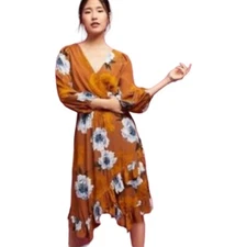 Plenty by Tracy Reese Mustard Floral Midi Dress S 3/4 Sleeve Ruffle Hem Boho