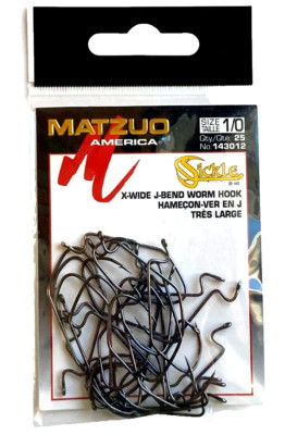 Matzuo Sickle Extra Wide Gap J-Bend Worm Hook Size 1/0 Black 25-Count Package