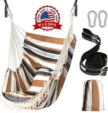 Hamaca colgante con 2 almohadas para interior y exterior rayas marrones US NUEVO