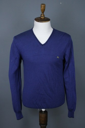 Etro, Etro Blue Solid 100% Wool Fine Knit Embroidered V-Neck Pullover Jumper Size L