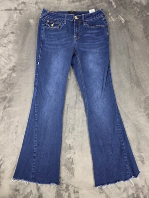 True Religion Joey Mid Rise Flared Leg Jeans Womens 28 Blue Denim Raw Hem Y2K