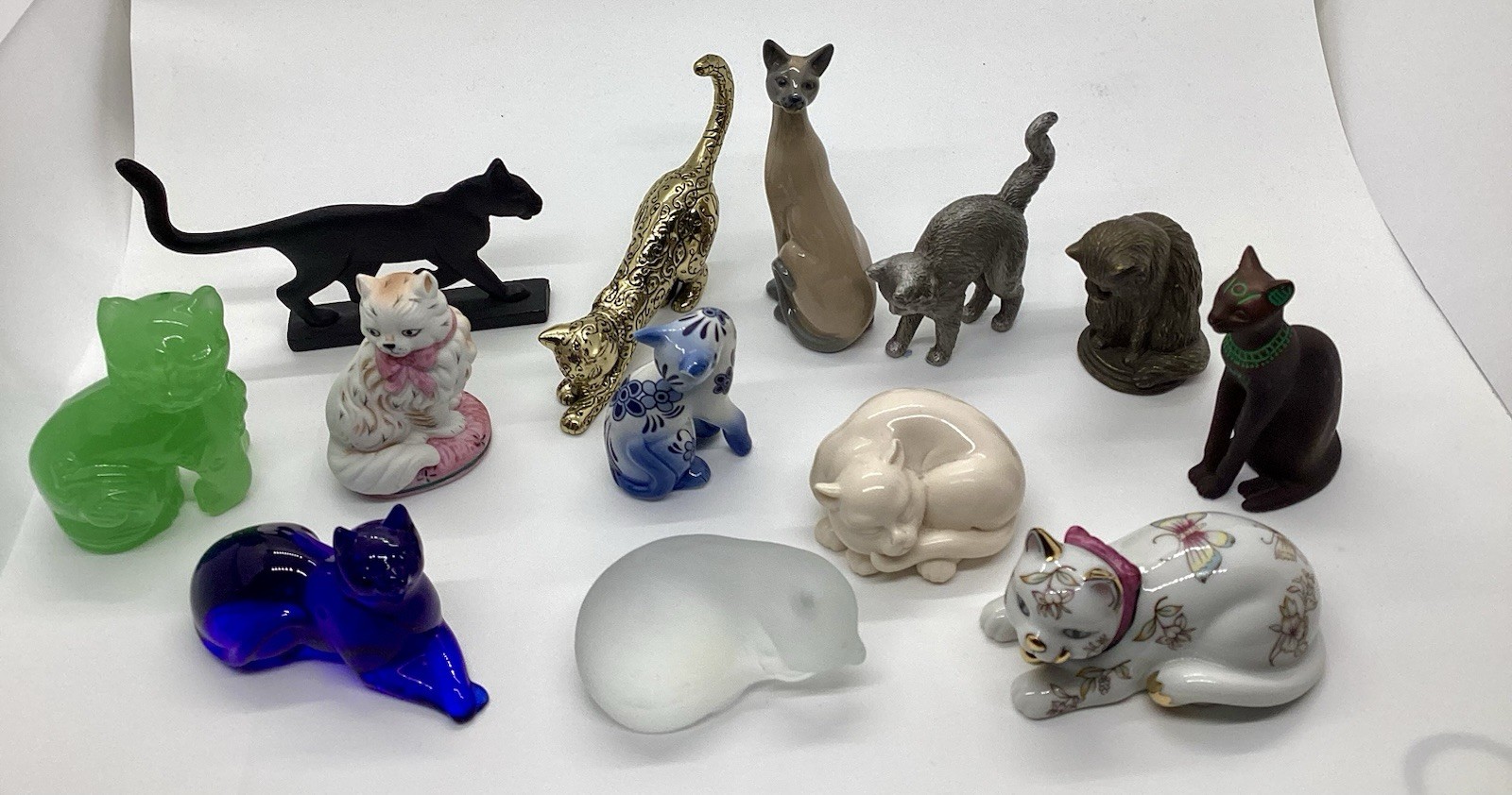 Franklin Mint Curio Cabinet Cat Figurines Lot of 13 in Porcelain, Glass & Metal