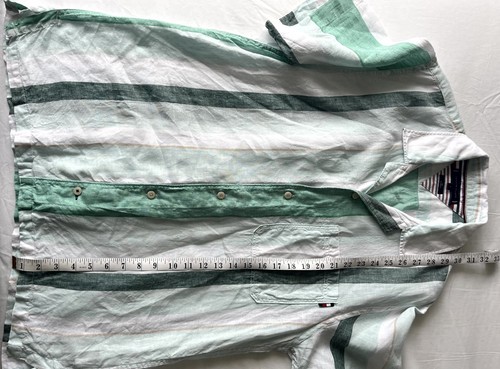 Mens Tommy Hilfiger 100% Linen Shirt Size Large (L) in Green Striped Camp Collar - Picture 9 of 9