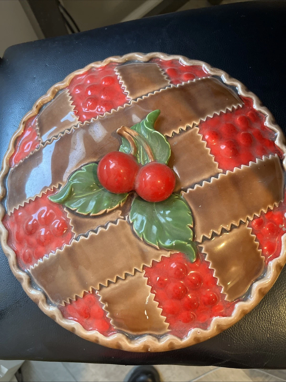 Vtg Ceramic Covered Cherry Pie Lattice Keeper Replacement Lid Only Made In Japan