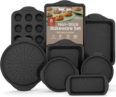 BAKKEN 8-Piece Kitchen Oven Baking Pans Set - Deluxe Nonstick Gray Marble Coatin