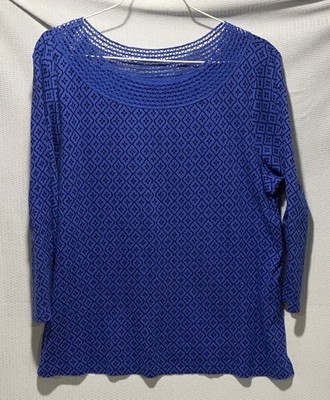 Croft & Barrow Blue Geometric Crochet Knit Blouse Pullover 3/4 Sleeve XXL