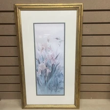 Lena Liu Numbered Print 217 Signed Framed Iris Flowers Hummingbird 692 / 2500