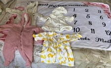 Bundle of 2 jumpsuits 0-3, one coat, One Bath Robe And A PhotoMilestone Blanket.