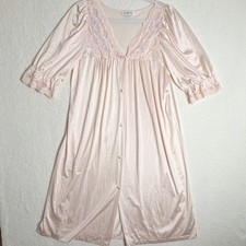 Vintage Pink Nightgown Lace Trim Button Front V-Neck, M Princesscore coquette