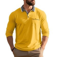 Men's Polo Shirt Simple Lapel Spring Autumn Long-sleeved Splicing Real Pocket Pu