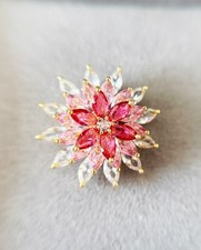 Pink  Fuchsia Rhinestone Flower Brooch Pin Gold Tone Floral Statement Jewelry