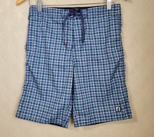 Johnnie-O Boys Board Shorts Boys size 12 Blue Green White Plaid Trunks Pockets