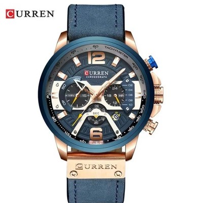CURREN Watches for Men   Men's Leather Strap Chronograph Watch and Bracelet Blue