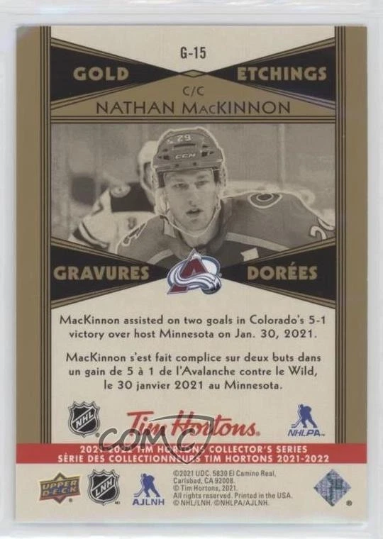 2021-22 Upper Deck Tim Hortons Collector's Series Gold Etchings Nathan MacKinnon - Image 2 of 2