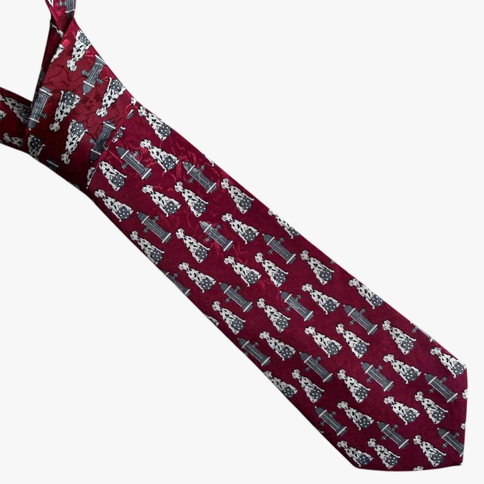 Vintage 90s Sole Geometric Dalmatian Dog & Fire Hydrant Print Red Tie, Retro 80s