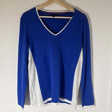 Tommy Hillfiger Mens V-Neck Jumper Sweater Large Blue and White Cotton Pullover