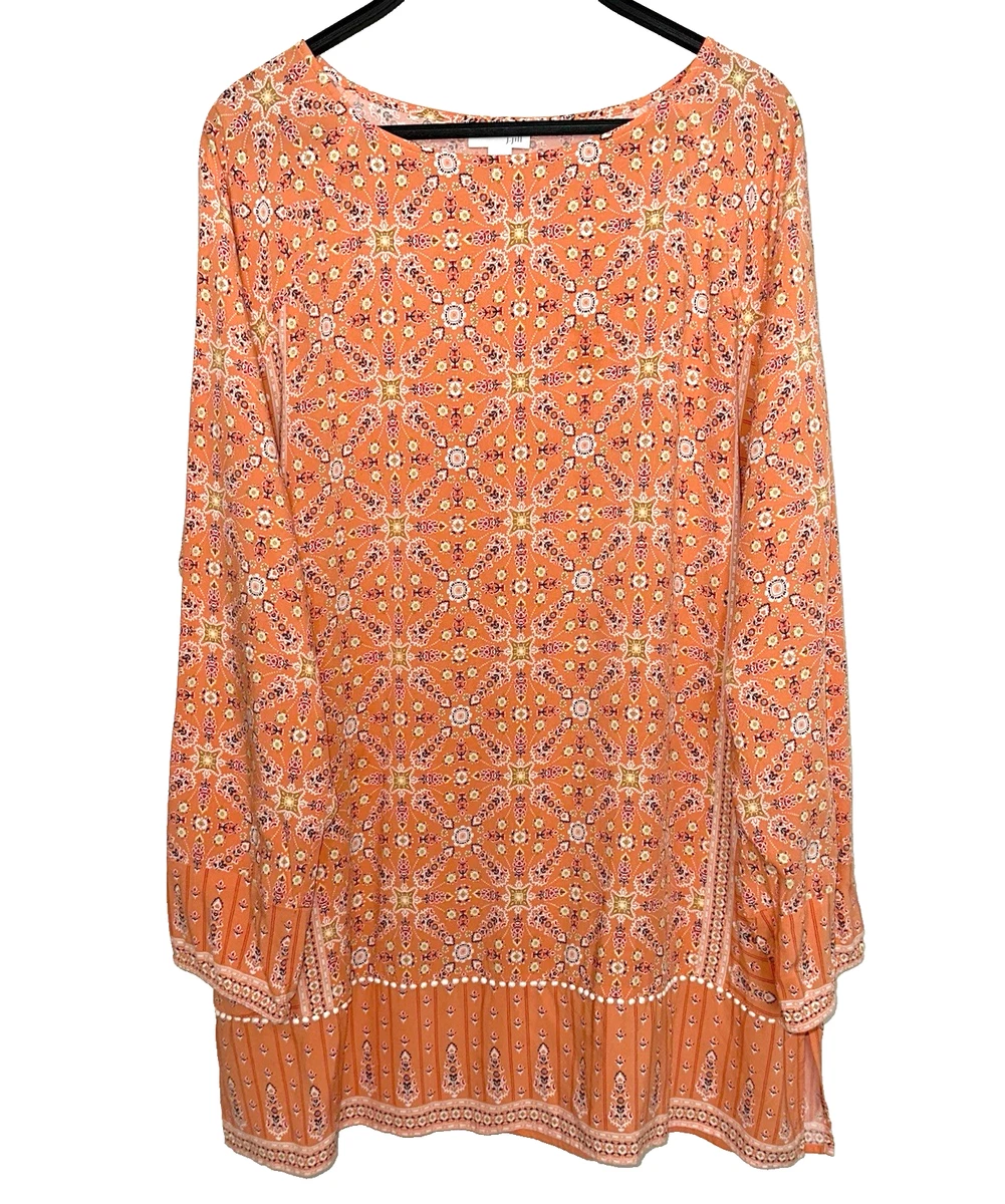 Tunique J. Jill Oversize Manches 3/4 Orange Femme, Imprimé Géométrique, Coton, Taille L